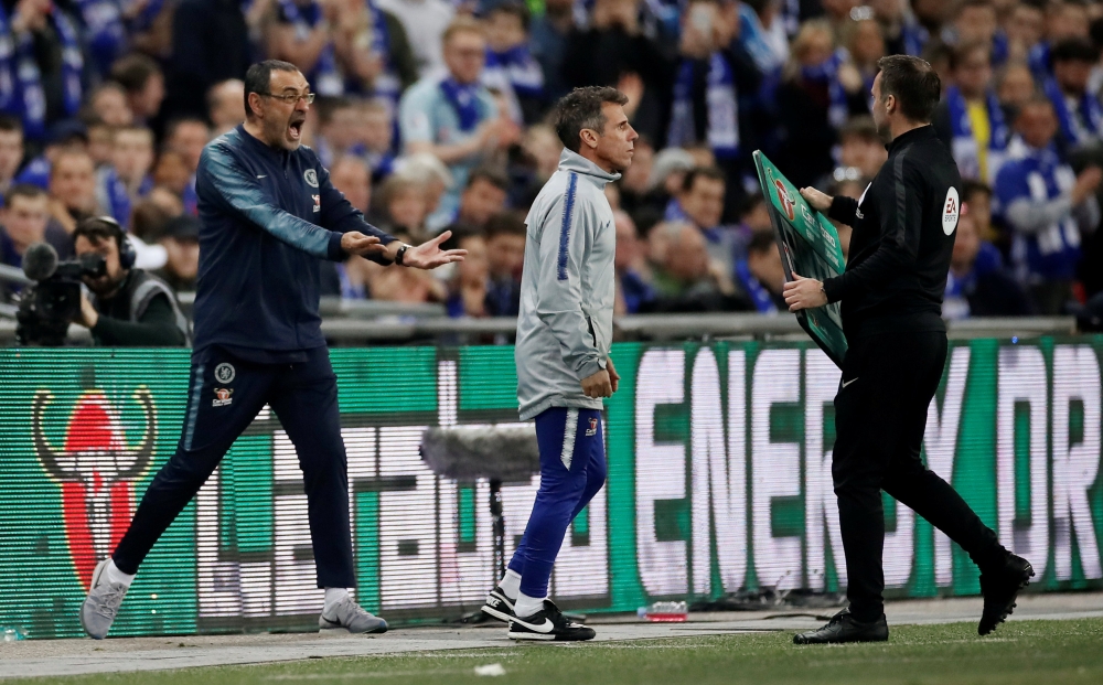 Chelsea manager Maurizio Sarri reacts after Kepa Arrizabalaga (not pictured) refuses to be substituted Action Images via Reuters/Carl Recine 