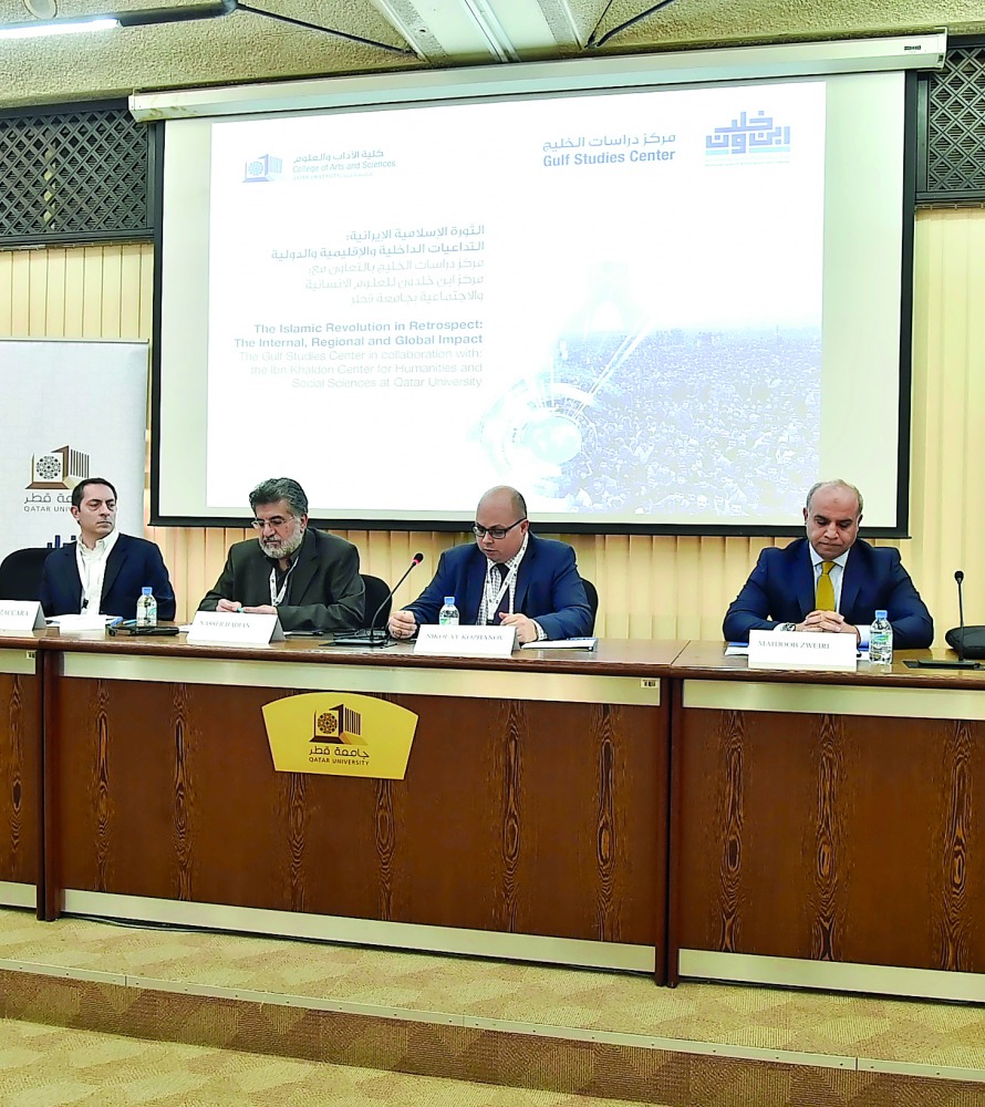 The experts at the seminar “The Iranian Revolution in Retrospect: The Internal, Regional and Global Impact” organised by Qatar University’s Gulf Studies Center in cooperation with the Ibn Khaldon Center for Humanities and Social Sciences. 