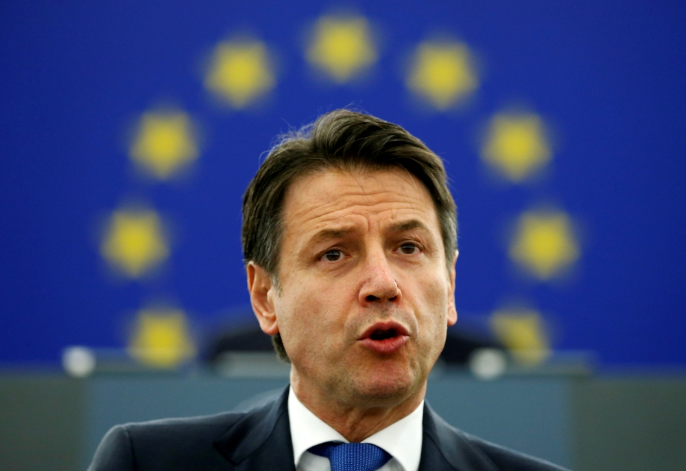 FILE PHOTO: Italy's Prime Minister Giuseppe Conte addresses the European Parliament during a debate on the future of Europe in Strasbourg, France, February 12, 2019. REUTERS/Vincent Kessler