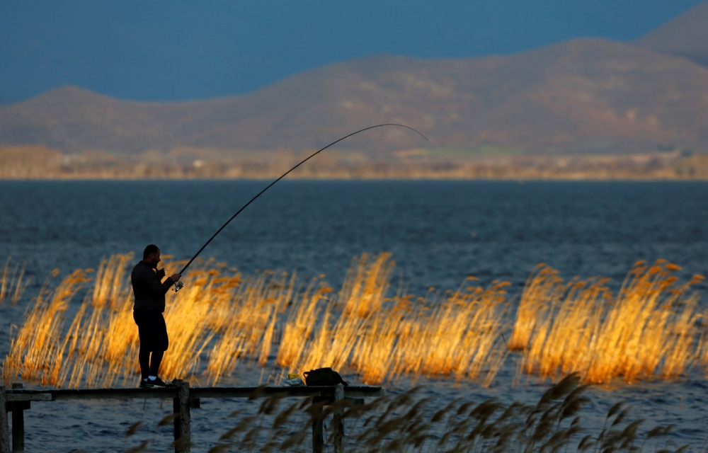 Fishermen fish on the dock at Dojran lake in Dojran, North Macedonia March 2, 2019. Reuters/Ognen Teofilovski