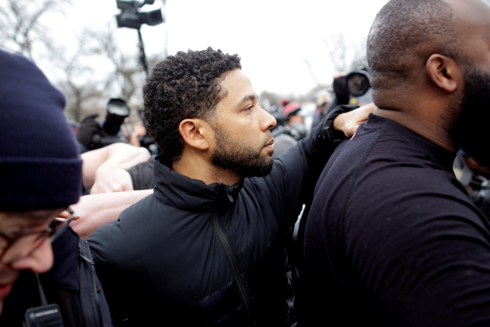 FILE PHOTO: Jussie Smollett exits Cook County Department of Corrections after posting bail in Chicago, Illinois, U.S., Feb. 21, 2019. REUTERS/Joshua Lott/File Photo