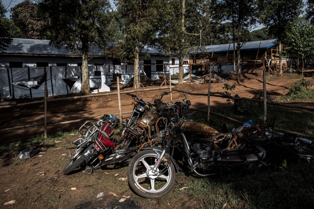 Burnt motorbikes from a previous attack outside an Ebola Treatment Centre (ETC) in Butembo, the epicentre of DR Congo's latest Ebola outbreak.   AFP / JOHN WESSELS
