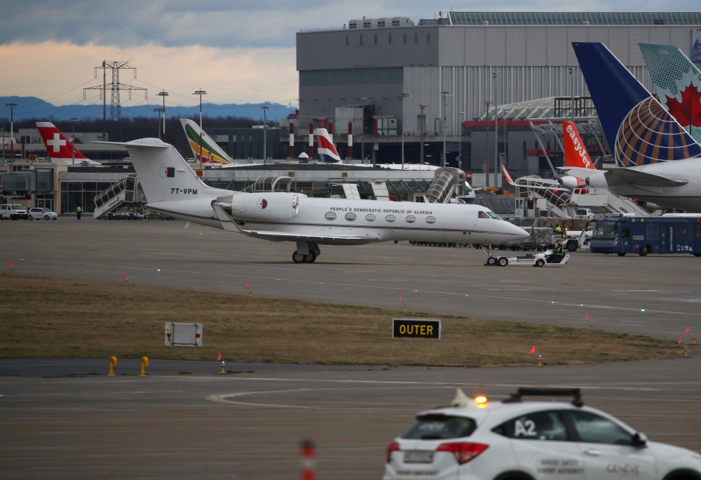 An Algerian government Gulfstream plane, registration 7T-VPM, is pictured at Cointrin airport in Geneva, where Algerian President Abdelaziz Bouteflika is in hospital, Switzerland, March 10, 2019. REUTERS/Denis Balibouse
