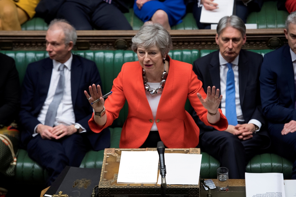 Britain's Prime Minister Theresa May speaks in Parliament in London, Britain, March 12, 2019. UK Parliament/Jessica Taylor/Handout via REUTERS 