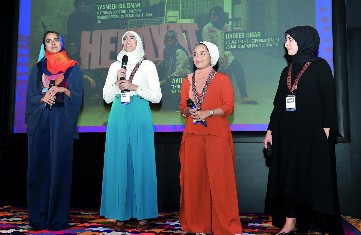 The Co-Chairs of Tasmeem Doha 2019 organised by VCUarts Qatar, (from left) Wajiha Pervez, Noha Fouad, Hadeer Omar and Yasmeen Suleiman, speak at the opening of the conference yesterday. Pic: Salim Matramkot / The Peninsula