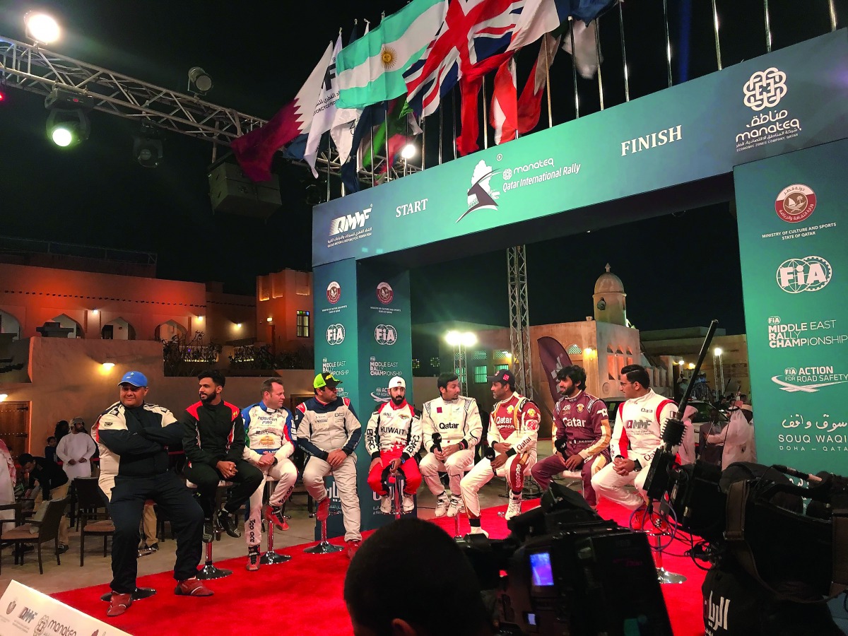 Drivers attend a pre-event press conference at Al Wakrah prior to the ceremonial start yesterday.