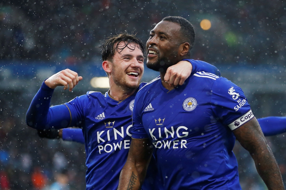 Leicester City's Wes Morgan celebrates scoring their second goal with Ben Chilwell Action Images via Reuters/Craig Brough 