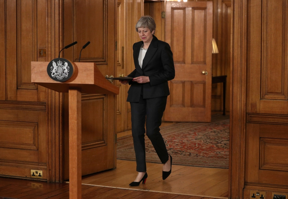 Britain's Prime Minister Theresa May prepares to make a statement about Brexit in Downing Street in London, Britain March 20, 2019. Jonathan Brady/Pool via Reuters