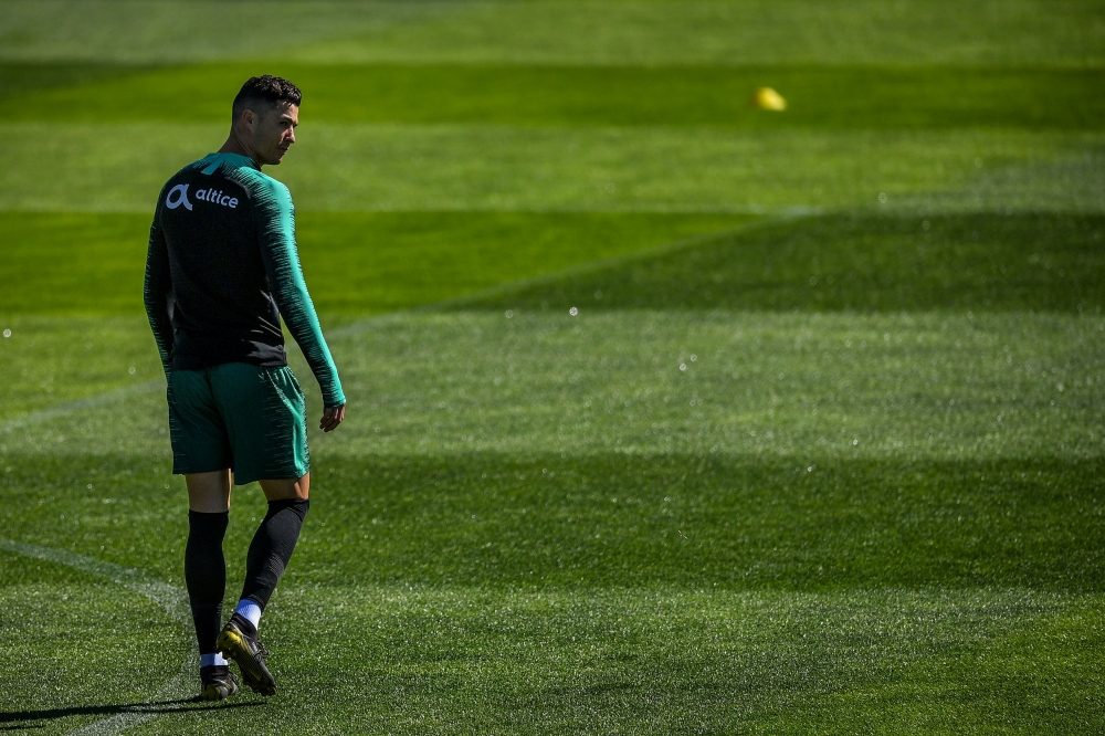 Portugal's forward Cristiano Ronaldo attends a training session at 