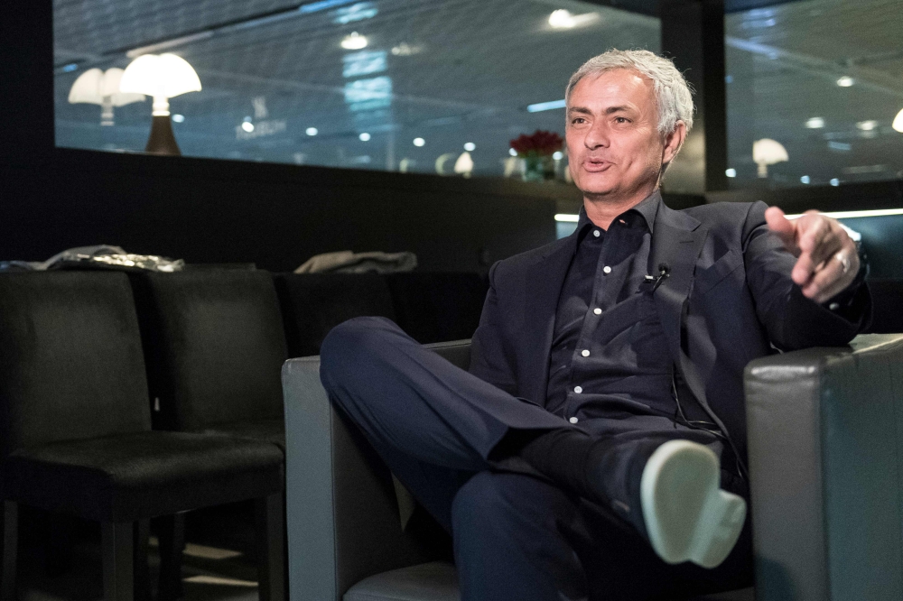 Former Manchester United's Portuguese coach Jose Mourinho speaks answers to journalists at the Baselworld watch and jewellery fair in Basel on March 22, 2019. / AFP / SEBASTIEN BOZON
