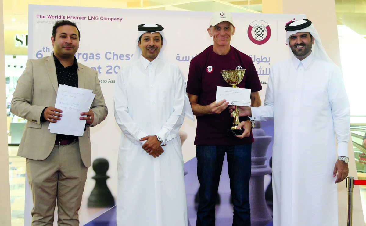 FROM RIGHT: Hamad Ali Al Awai, Acting PR Manager, Qatargas, Yann Guidez of France, Mohamed Al Mudahka, President of Qatar Chess Federation and Fahim Matabdin, Senior Marketing Manager for Al Mirqab Mall, in Doha yesterday.