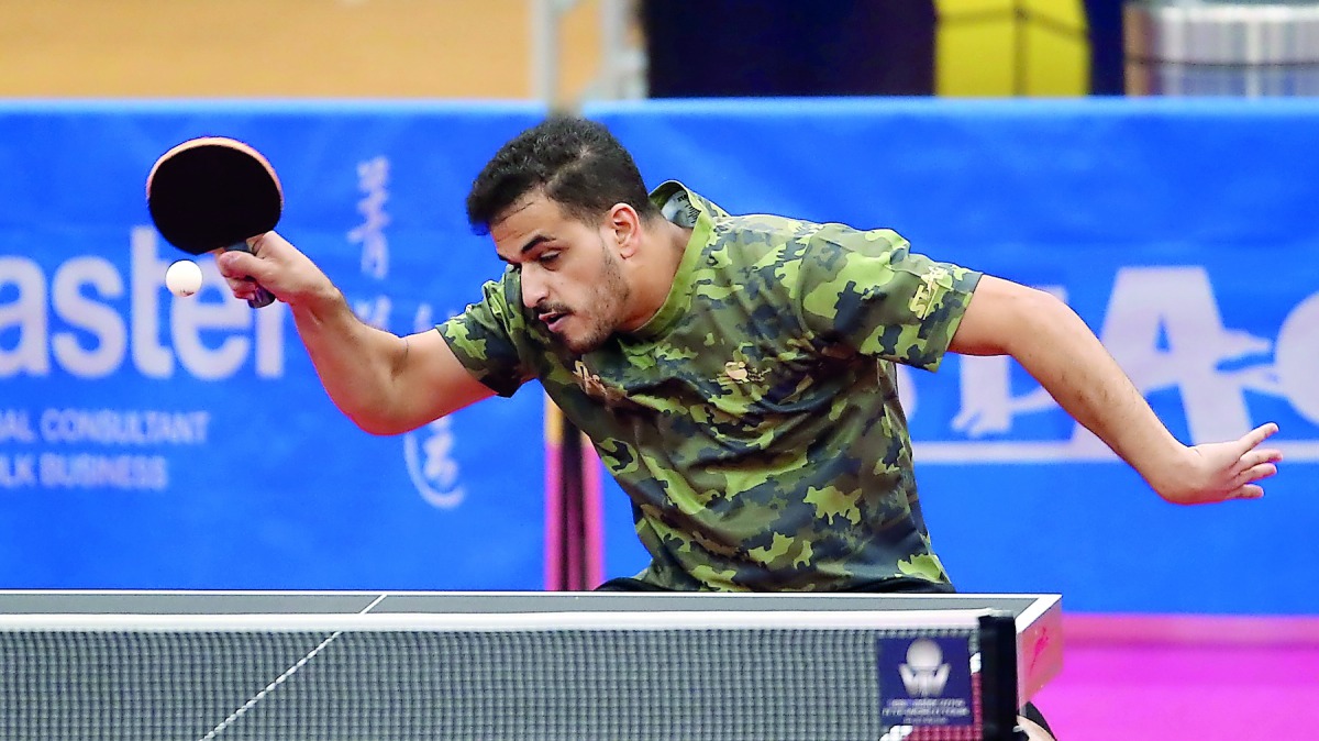Qatar’s Ahmed Khalil Al Mohannadi in action against India’s Sudhanshu Grover during his ITTF World Tour Platinum Qatar Open first qualifying round match at the Ali Bin Hamad Al Attiyah Arena yesterday.