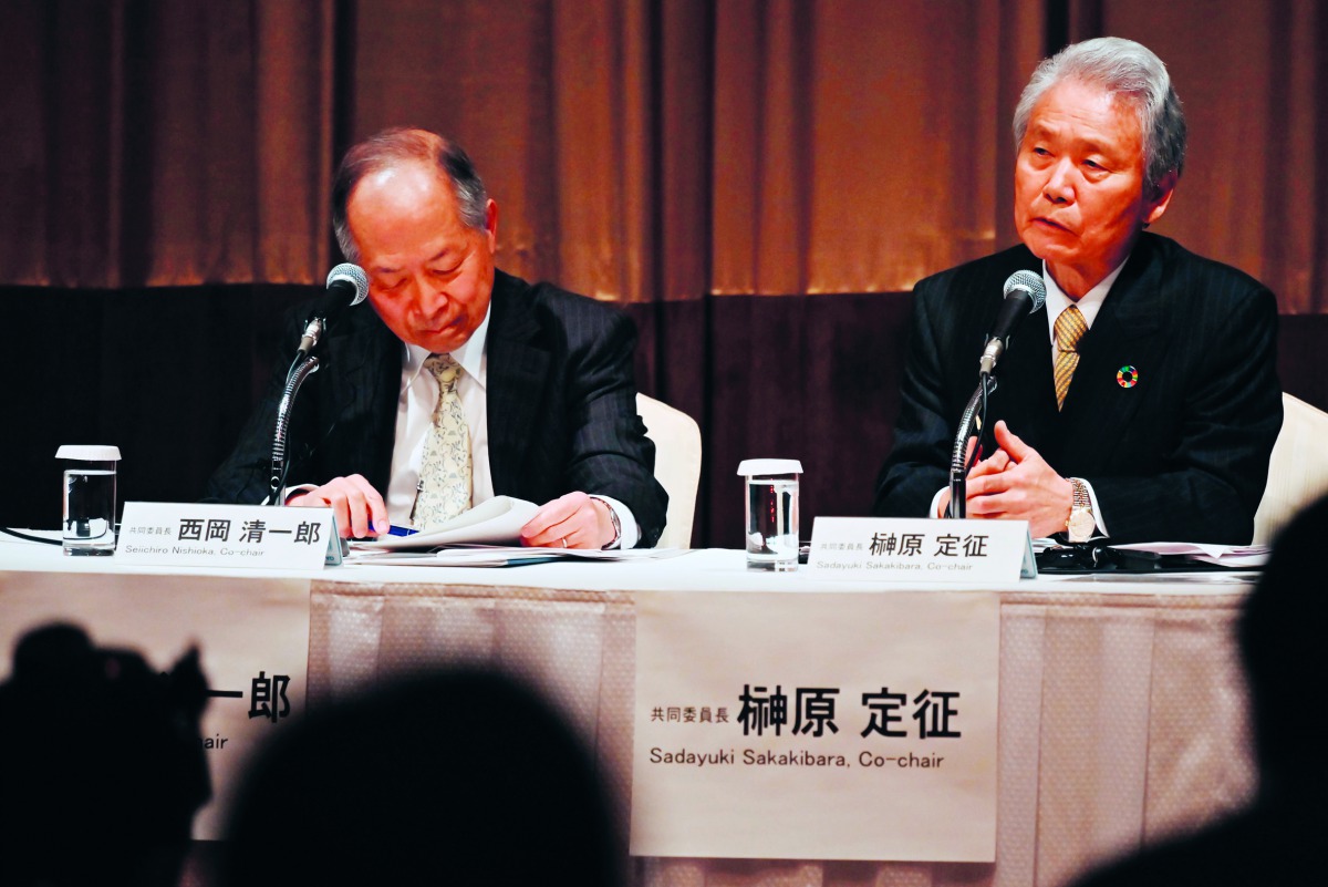 Seiichiro Nishioka (L) and Sadayuki Sakakibara (R), co-chairs for Nissan's special committee for improving governance, attend a Nissan Motor press conference in Yokohama on March 27, 2019.  AFP / Charly Triballeau
 