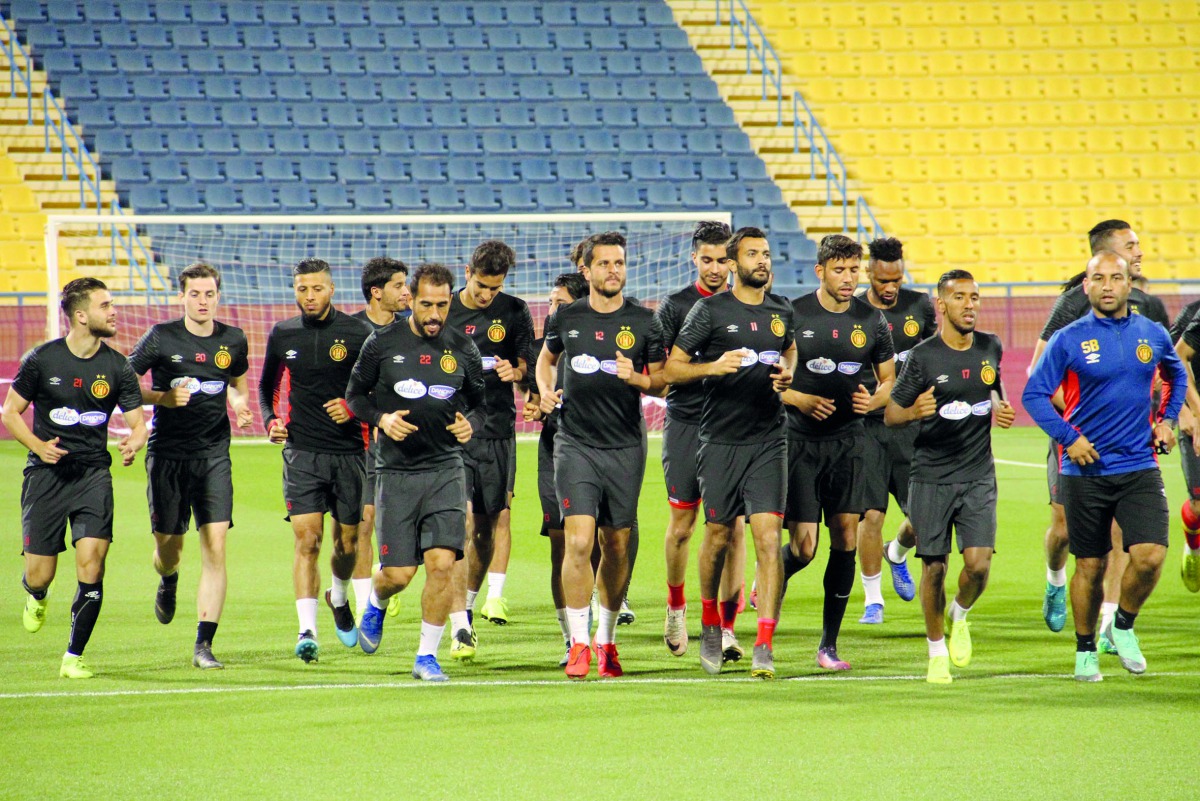 Esperance Sportive de Tunis players in action during a practice session at the Al Gharafa Stadium in Doha, ahead of today’s CAF Super Cup final against Raja Casablanca of Morocco. Picture : Mohamed Farag
