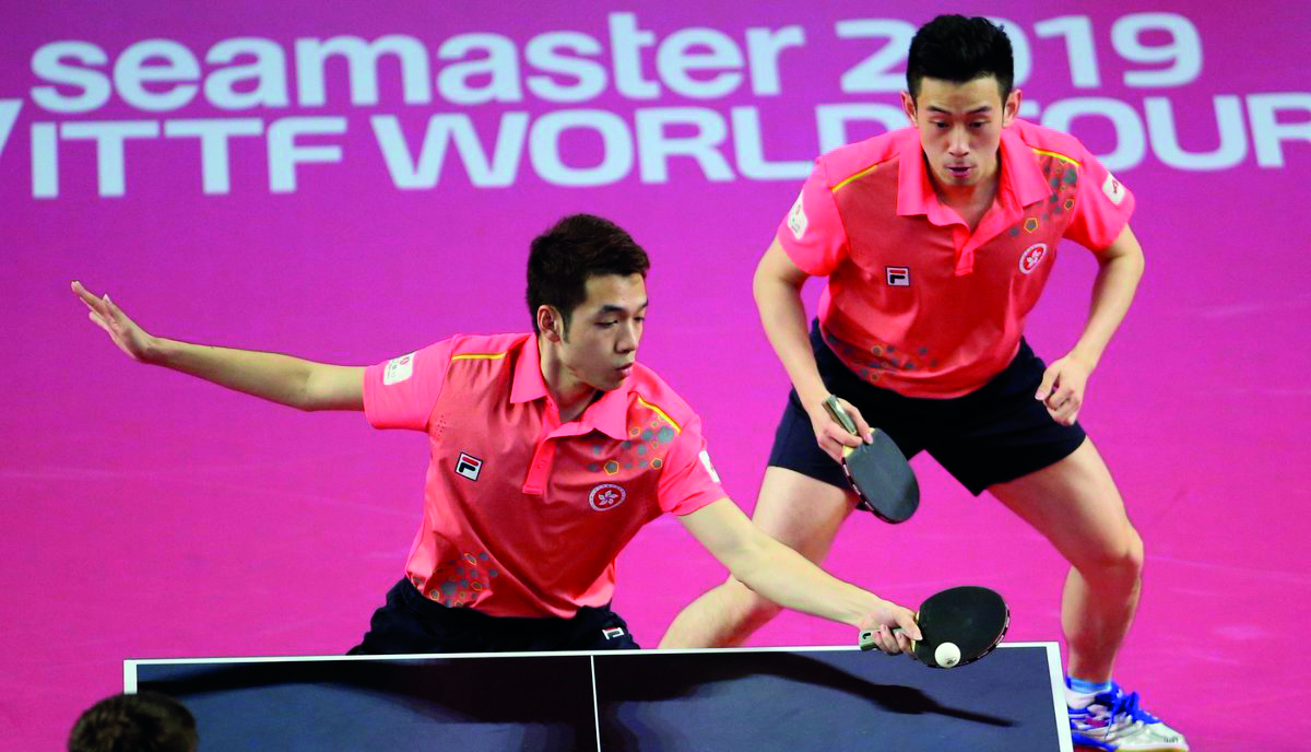 Hong Kong’s Ho Kwan Kit and Wong Chun Ting in action during the doubles final of the ITTF World Tour Platinum Qatar Open in Doha yesterday.
