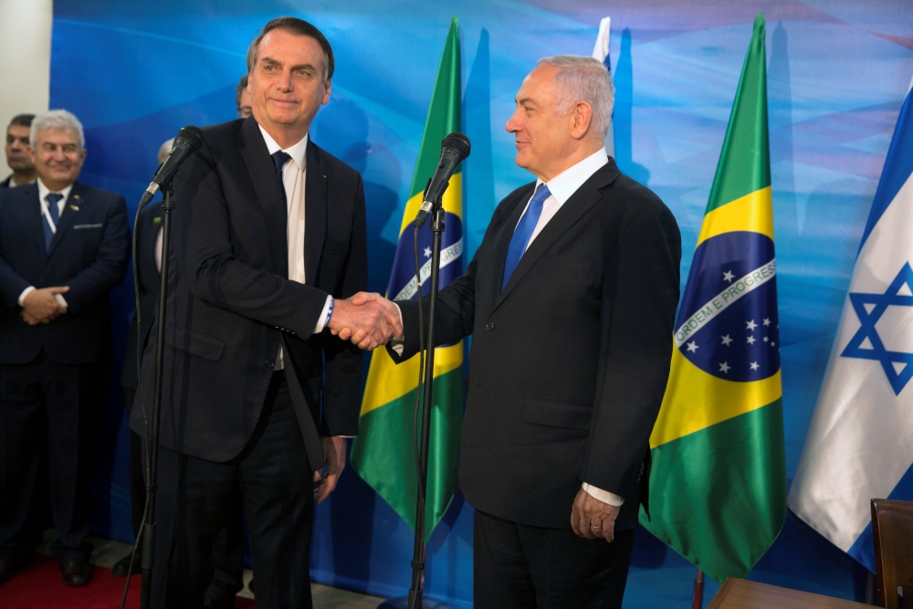 Israel's Prime Minister Benjamin Netanyahu and Brazilian President Jair Bolsonaro meet at Netanyahu's office in Jerusalem, March 31, 2019. Heidi Levine/pool via Reuters
