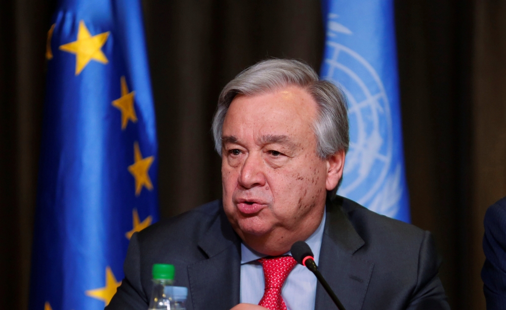 FILE PHOTO: Secretary General of the United Nations Antonio Guterres attends a news conference in Tunis, Tunisia, March 30, 2019. REUTERS/Zoubeir Souissi
