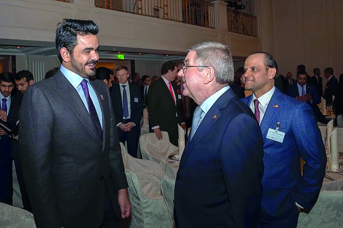 The President of Qatar Olympic Committee, HE Sheikh Joaan bin Hamad Al Thani and the President of International Olympic Committee, Thomas Bach during the opening day of the inaugural Arab-German Sports Summit in Berlin, on Thursday.