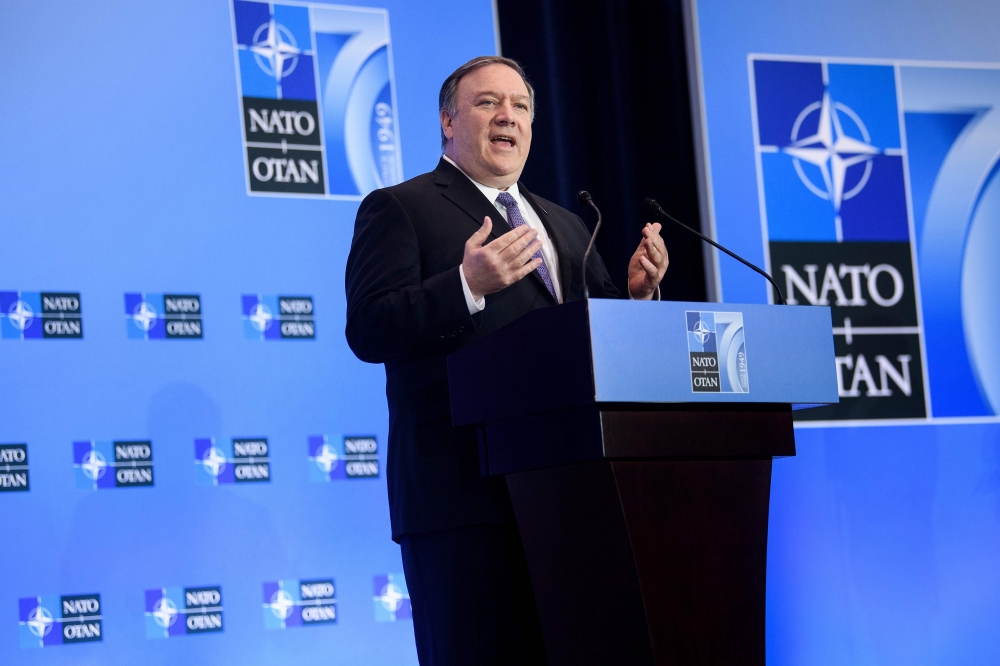 US Secretary of State Mike Pompeo holds a press conference after meetings of NATO foreign ministers during the 70th anniversary of the alliance at the US Department of State April 4, 2019, in Washington, DC. / AFP / Brendan Smialowski