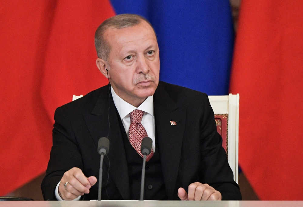Turkish President Tayyip Erdogan attends a news briefing following the talks with his Russian counterpart Vladimir Putin at the Kremlin in Moscow, Russia April 8, 2019. Sputnik/Alexei Nikolsky