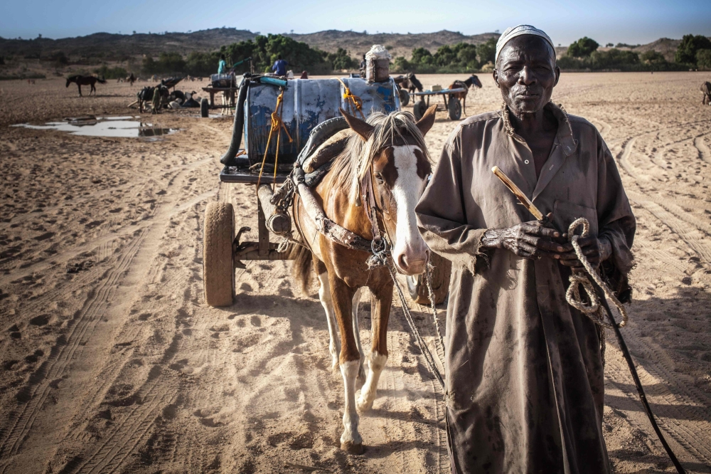 A hawker looks on after filling barils with water in the wadis Moura in Hadjer Hadid, in the Ouaddaï region, in eastern Chad, on March 24, 2019.  AFP / Amaury Hauchard 