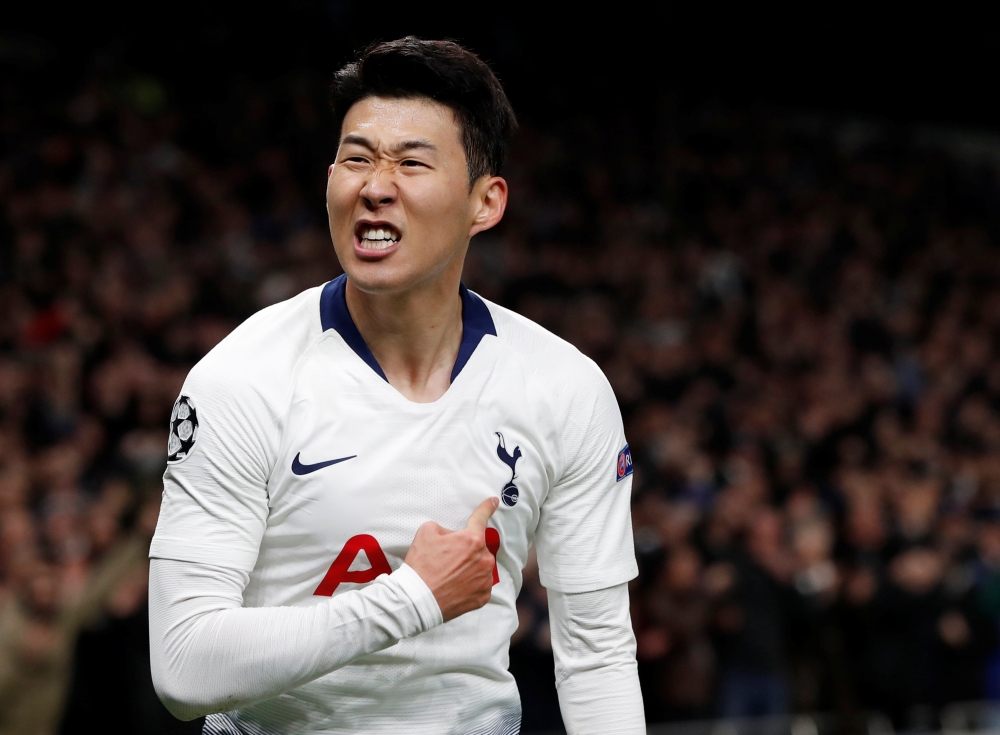 Tottenham's Son Heung-min celebrates scoring their first goal. (Champions League Quarter Final First Leg - Tottenham Hotspur v Manchester City - Tottenham Hotspur Stadium, London, Britain - April 9, 2019)   Action Images via Reuters/Paul Childs 
