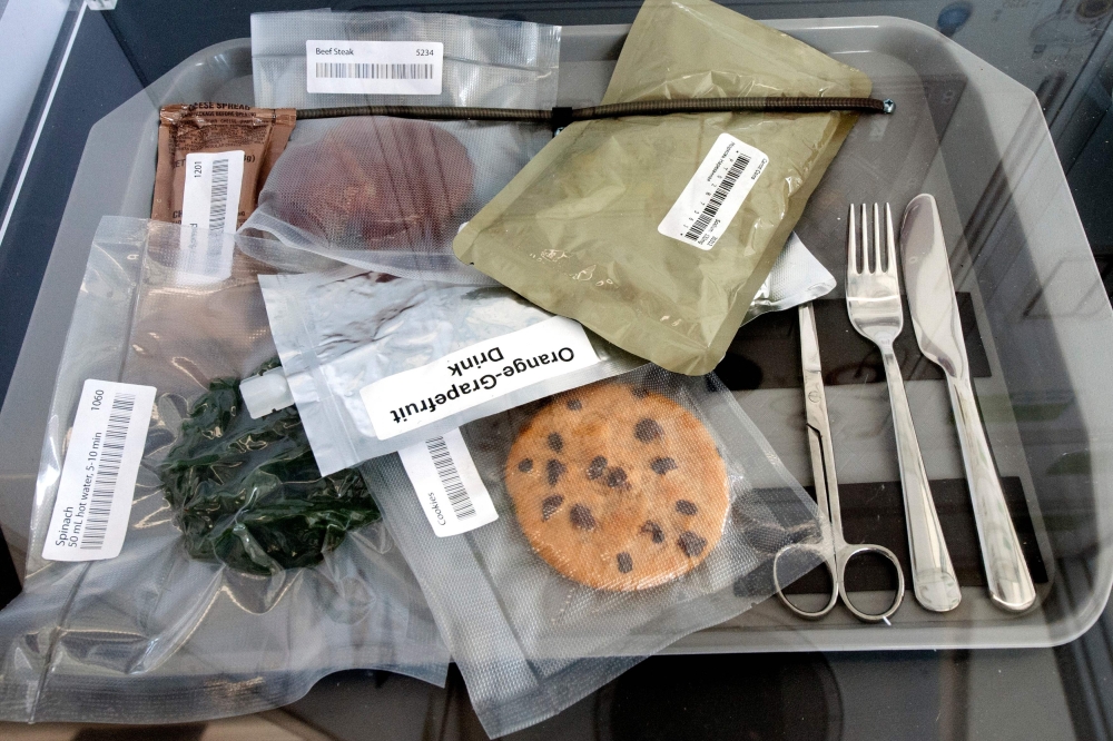 Vacuum sealed food on display inside the NASA Lunar Habitat designed by Lockheed Martin during the 35th Space Symposium at The Broadmoor in Colorado Springs, on April 9, 2019. AFP / Jason Connolly
 
