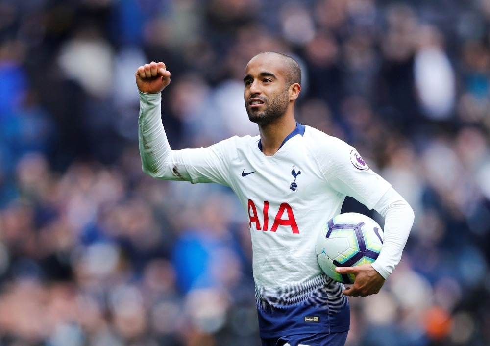 Tottenham's Lucas Moura celebrates with the match ball REUTERS/Eddie Keogh 