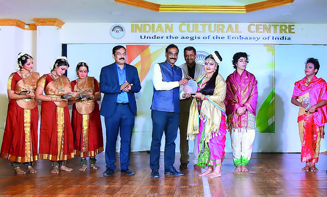 Indian artistes being honoured during a show at Ashoka Hall of Indian Cultural Centre. 