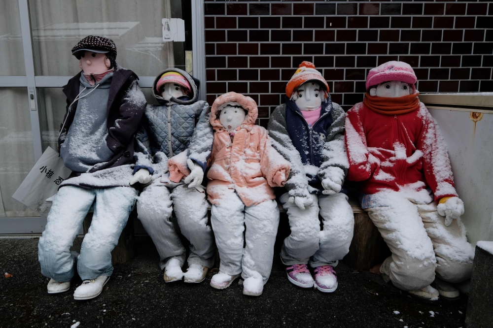 This picture taken on March 16, 2019 shows life-size dolls displayed at a roadside in the tiny village of Nagoro in western Japan. AFP / Kazuhiro Nogi