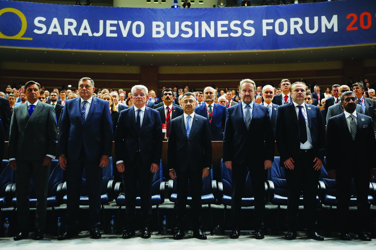 Turkey's Vice President Fuat Oktay (C) and Bakir Izetbegovic (3rd R) Chairman of the House of Peoples of Bosnia and Herzegovina attend the opening ceremony of 10th Sarajevo Business Forum in Sarajevo, Bosnia and Herzegovina on April 17, 2019. (Muhammet Fa
