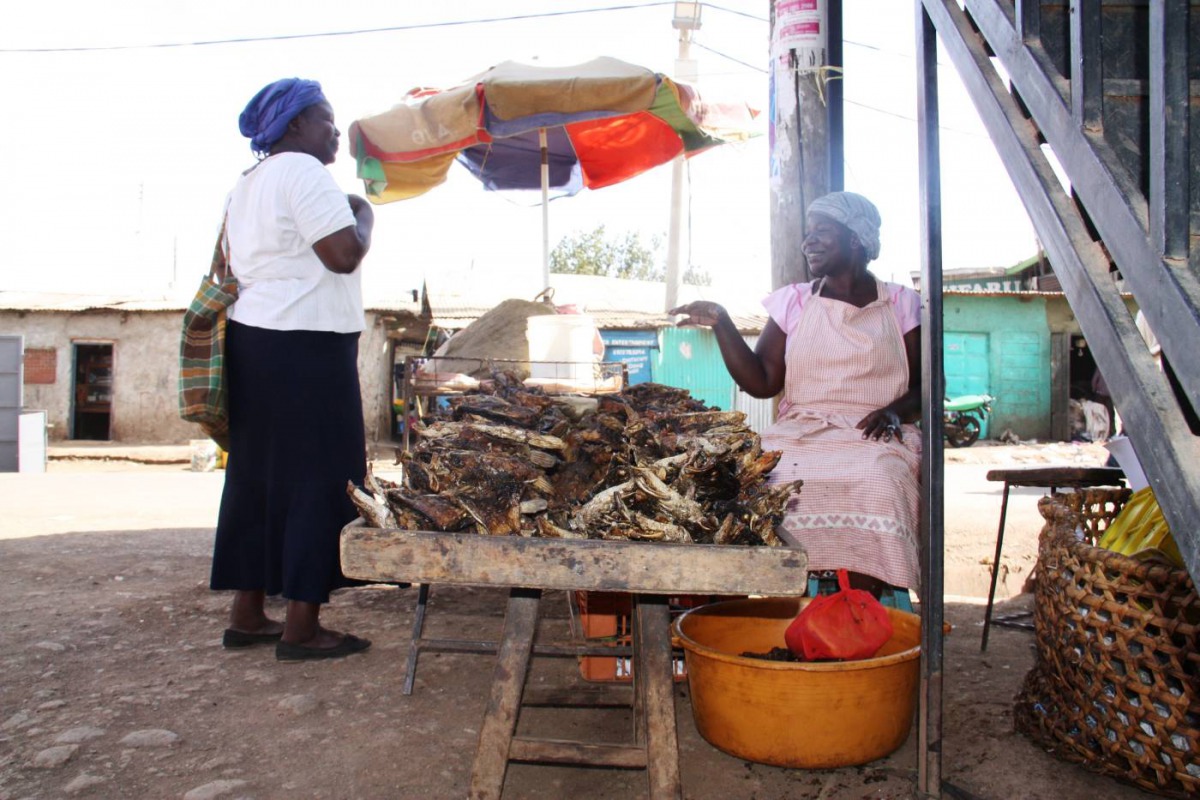 Mary Akinyi talks to a customer at her dried fish stall in Lindi village in Nairobi's Kibera slum, Kenya, March 26, 2019. Thomson Reuters Foundation/Wesley Langat