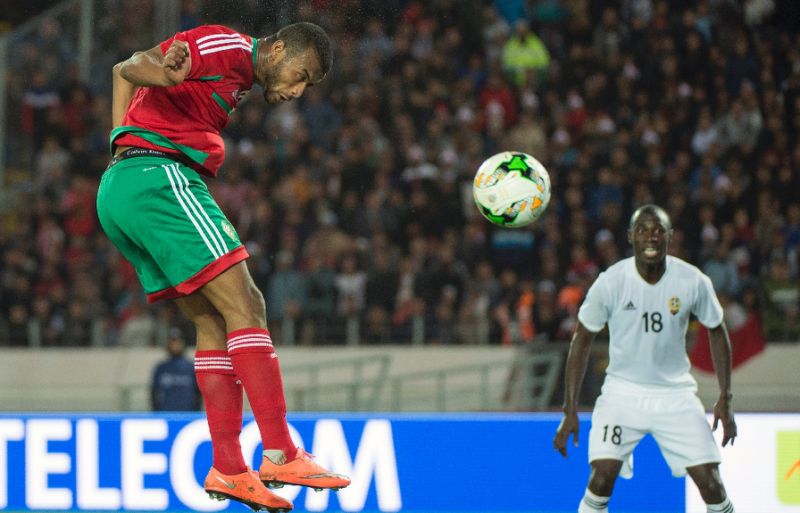 Ayoub el Kaabi, the star of the Morocco team that hosted and won the 2018 African Nations Championship, scores one of his nine goals in that tournament (AFP/Fadel Senna)