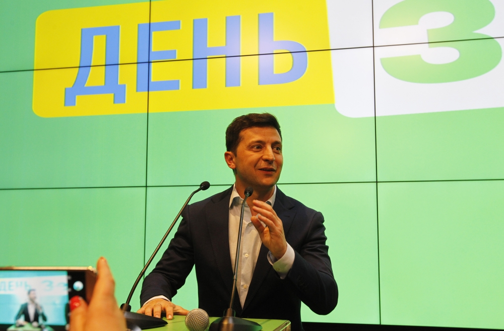Ukrainian presidential candidate Volodymyr Zelenskiy is seen following the announcement of an exit poll in a presidential election at his campaign headquarters in Kiev, Ukraine on April 21, 2019. (Vladimir Shtanko - Anadolu Agency)