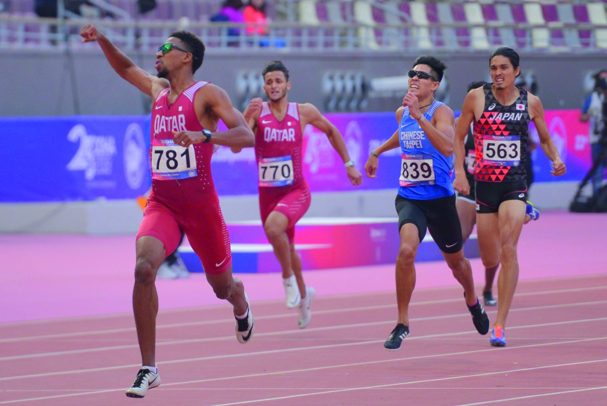 Abderrahman Samba of Qatar celebrates his win in the Men’s 400m Hurdles final on the second day of the 23rd Asian Athletics Championships at Khalifa International Stadium in Doha, yesterday.
Picture: Baher Amin / The Peninsula