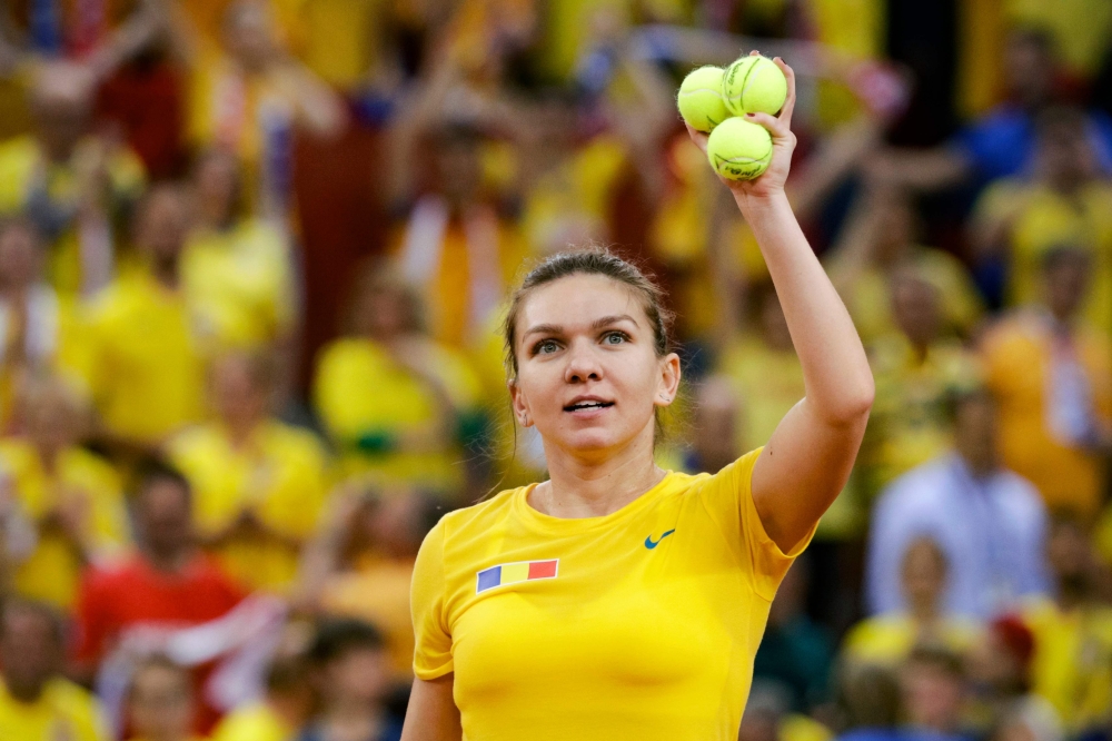 Romania's Simona Halep celebrates after winning against France's Caroline Garcia in the third rubber of the Fed Cup tennis semi-final match between France and Romania at The Kindarena in Rouen on April 21, 2019. / AFP / Geoffroy VAN DER HASSELT