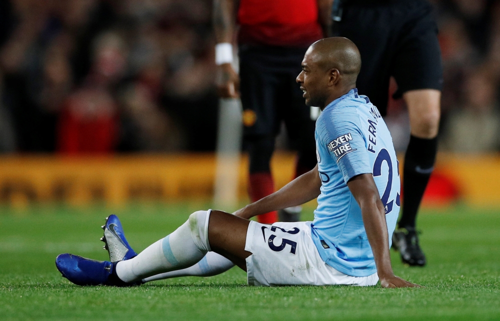 Manchester City's Fernandinho down injured, April 24, 2019. REUTERS/Phil Noble