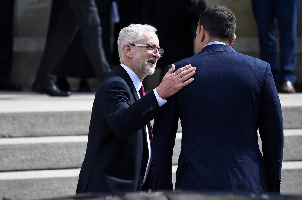 Labour Party leader Jeremy Corbyn and Ireland's Prime Minister (Taoiseach) Leo Varadkar arrive at the funeral of journalist Lyra McKee at St. Anne's Cathedral in Belfast, Northern Ireland April 24, 2019. REUTERS/Clodagh Kilcoyne