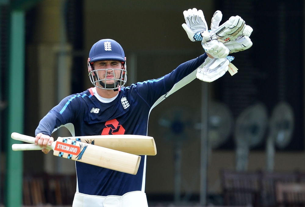 (FILES) In this file photo taken on October 4, 2018, England cricketer Alex Hales gestures during a practice session at the P. Sara Oval Cricket Stadium in Colombo on October 4, 2018. AFP / LAKRUWAN WANNIARACHCHI