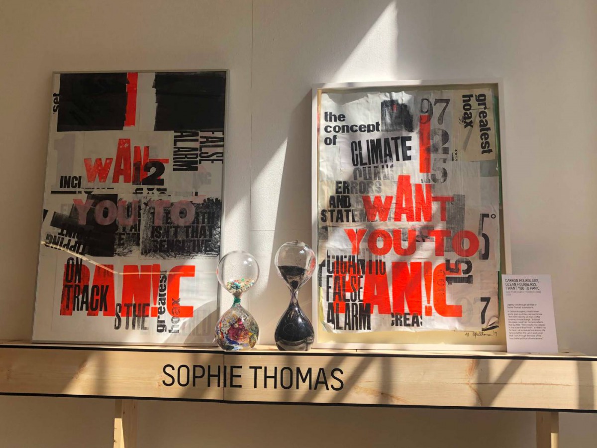 Works by artist Sophie Thomas are seen at the 'Man Made Disaster' exhibition organised by non-profit group Do The Green Thing, in east London, Britain, April 25, 2019. Thomson Reuters Foundation/Morgane Mounier 