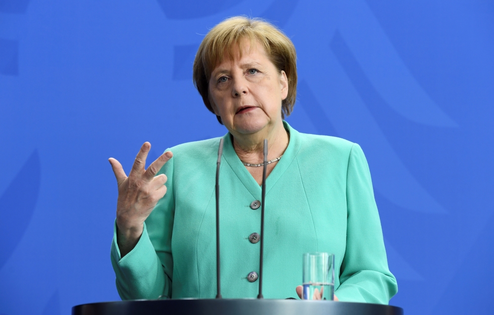 German Chancellor Angela Merkel speaks during a news conference with Iraqi Prime Minister Adil Abdul-Mahdi (not pictured) at the Chancellery in Berlin, Germany, April 30, 2019. REUTERS/Annegret Hilse