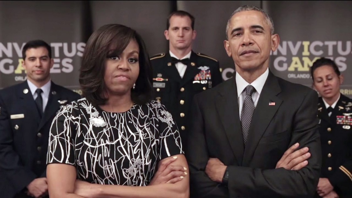 A still from a video provided by Kensington Palace, April 29, 2016 showing Barack Obama and Michelle Obama taking part in a video promoting the upcoming Invictus Games in Orlando, Florida. (EPA) 