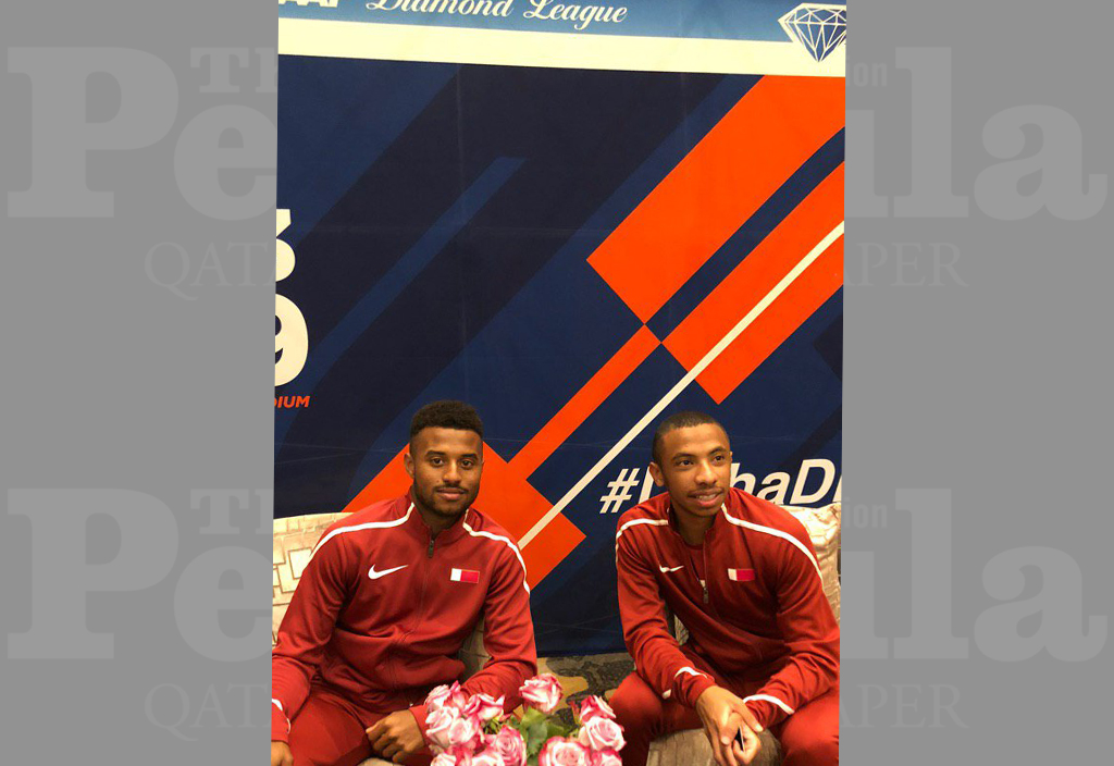 Qatari athletes Owaab Barrow (left) and Jaber Al Mamari during a press conference held in Doha yesterday, ahead of the opening round of the 2019 Diamond League.
