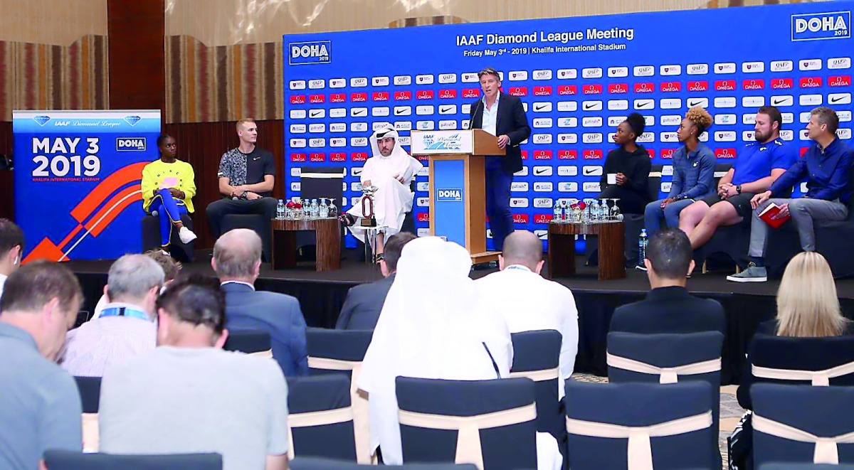 International Association of Athletics Federations President, Sebastian Coe (centre) addressing the gathering during a press conference held at the InterContinental Doha The City, yesterday, ahead of the opening round of the 2019 Diamond League which will