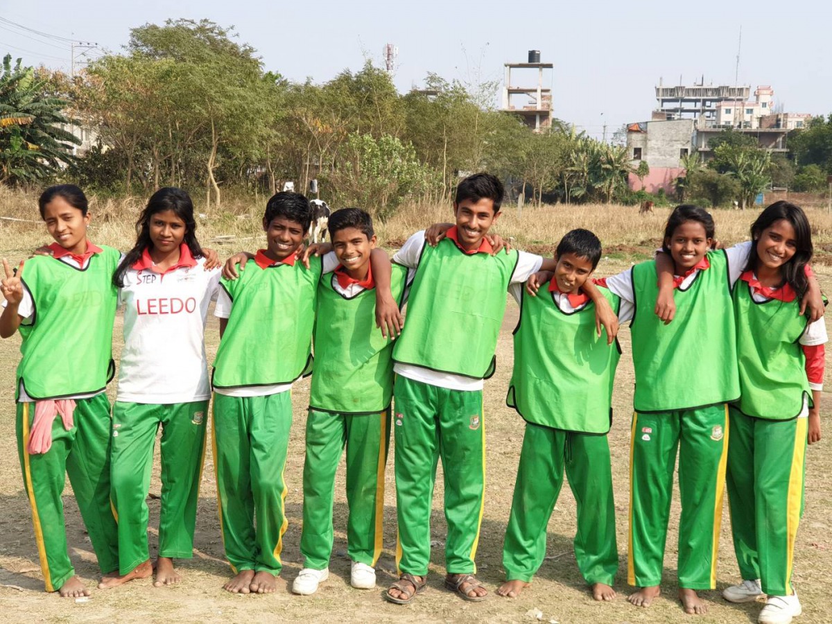 Children from LEEDO Foundation pose for a photo at a field in Dhaka, Bangladesh, February 18, 2019. Thomson Reuters Foundaion/ Naimul Karim