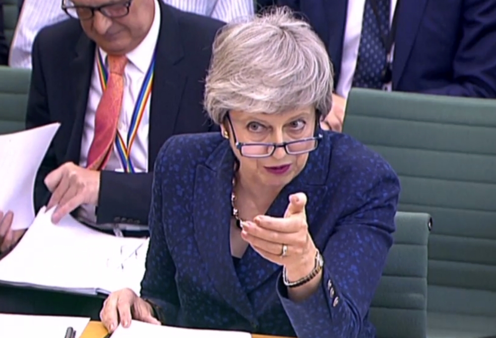 A video grab from footage broadcast by the UK Parliament's Parliamentary Recording Unit (PRU) shows Britain's Prime Minister Theresa May speaking on Brexit at a Parliamentary Liaison Committee hearing on May 1, 2019 at the House of Commons in London. (AFP