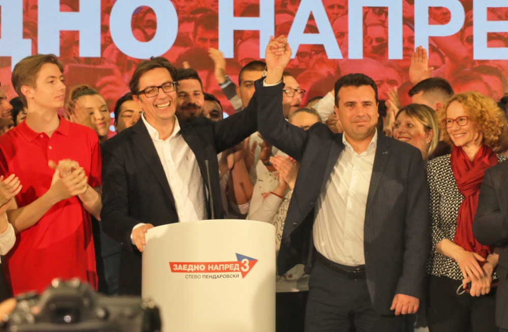 Presidential candidate of Social Democratic Union of Macedonia (SDSM) Stevo Pendarovski (2nd L) holds a press conference after the second round of North Macedonian presidential election in Skopje, North Macedonia on May 05, 2019. Abdula Berisha - Anadolu 
