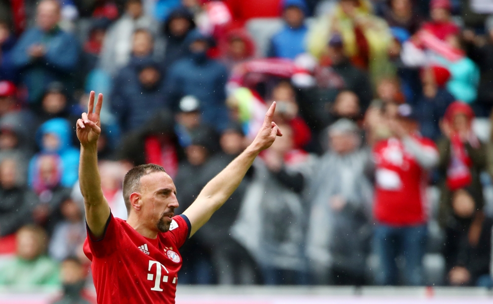 Bayern Munich's Franck Ribery celebrates scoring their third goal REUTERS/Michael Dalder 