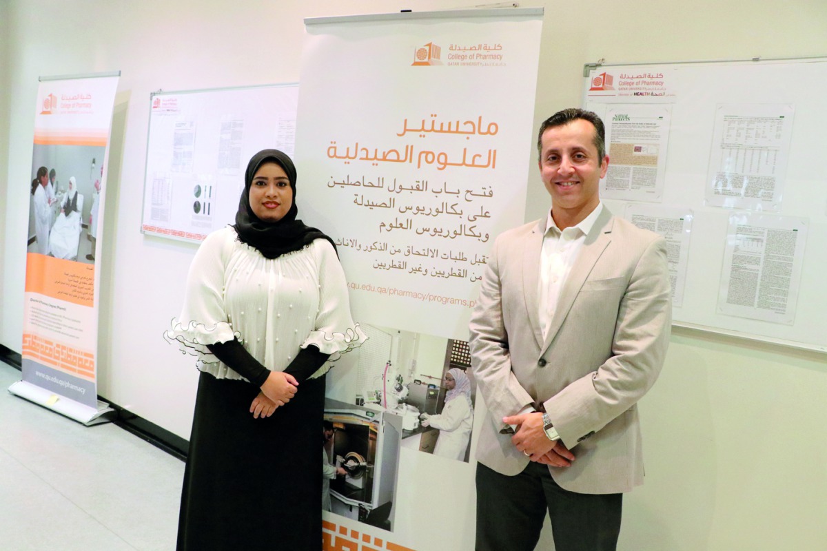 Dr. Hazem Elewa, College of Pharmacy Associate Professor and the Head of Clinical Training at QU, with Zainab Ali, MSc student. 