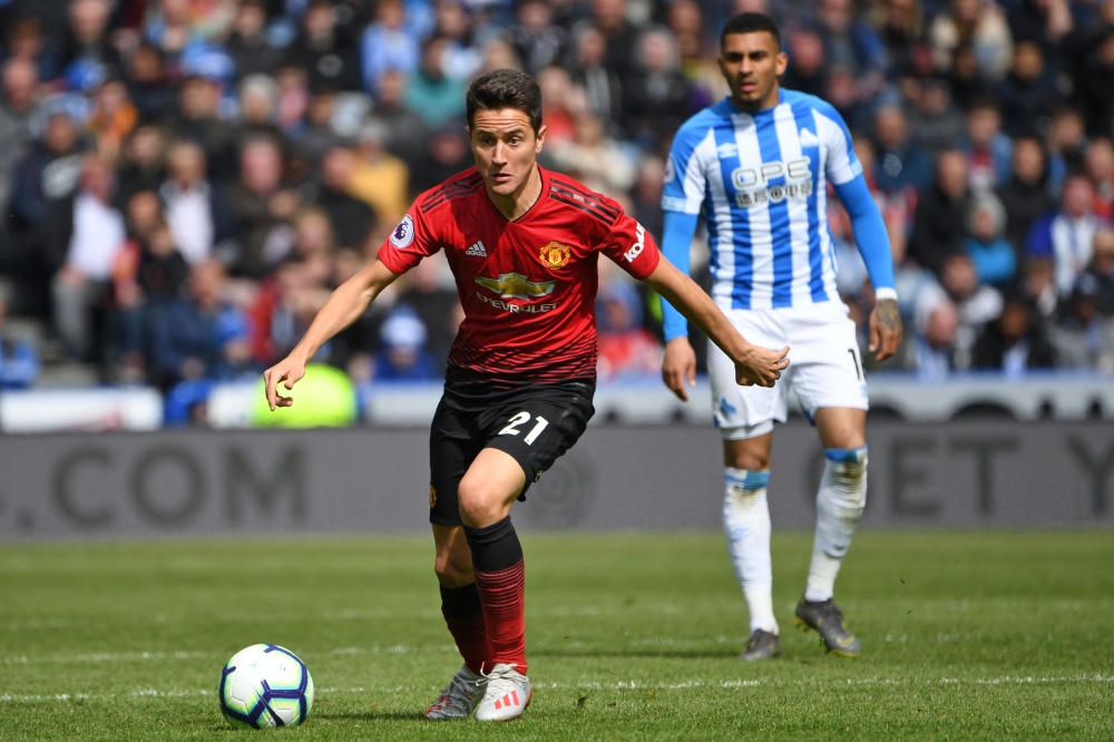 Manchester United's Spanish midfielder Ander Herrera runs with the ball during the English Premier League football match between Huddersfield Town and Manchester United at the John Smith's stadium in Huddersfield, northern England on May 5, 2019. AFP / Pa